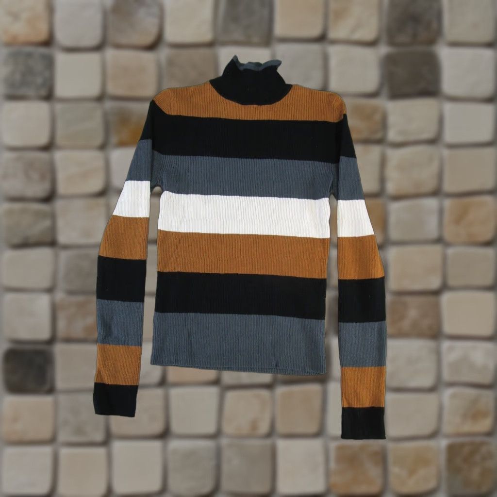 Zara VINTAGE Zara Sweater Striped Pullover Womens Large Black Long Sleeve Mock Neck Size L / US 10 / IT 46 - 1 Thumbnail