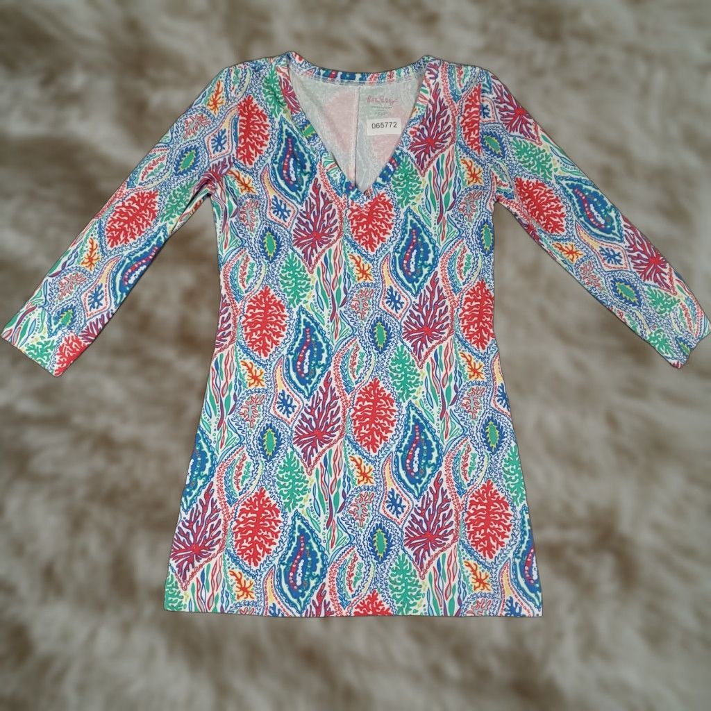 Lilly Pulitzer Lilly Pulitzer Dress Womens Small Blue Minnow V-Neck Long Sleeve Shift T-Shirt Dress Casual Formal Party/Cocktail Size S / US 4 / IT 40 - 1 Thumbnail