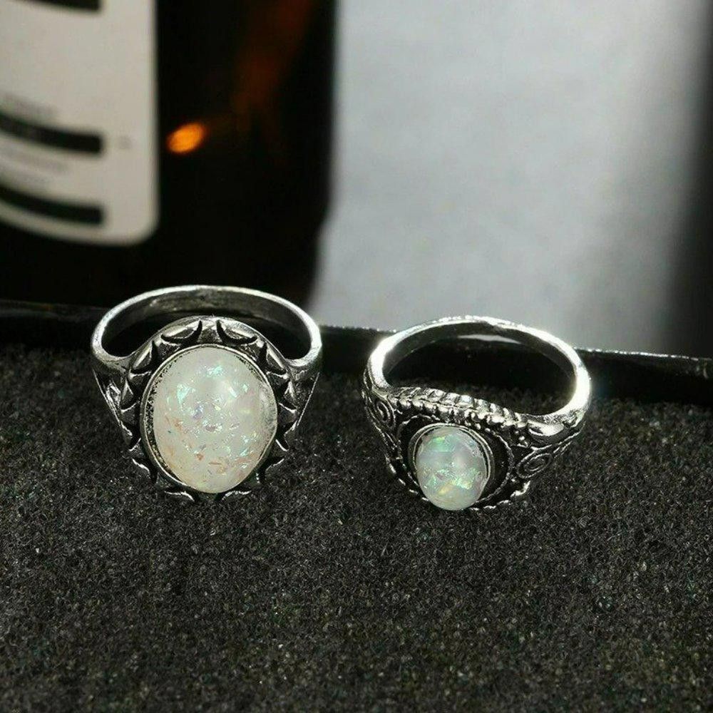 Designer 8pcs Vintage White Opal Antique Silver Ring Set Size ONE SIZE - 7 Thumbnail