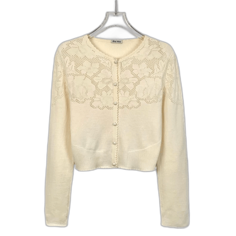Miu Miu MiuMiu Ivory Cutout Floral Wool Knit Cardigan Jacket Size US M / EU 48-50 / 2 - 1 Thumbnail