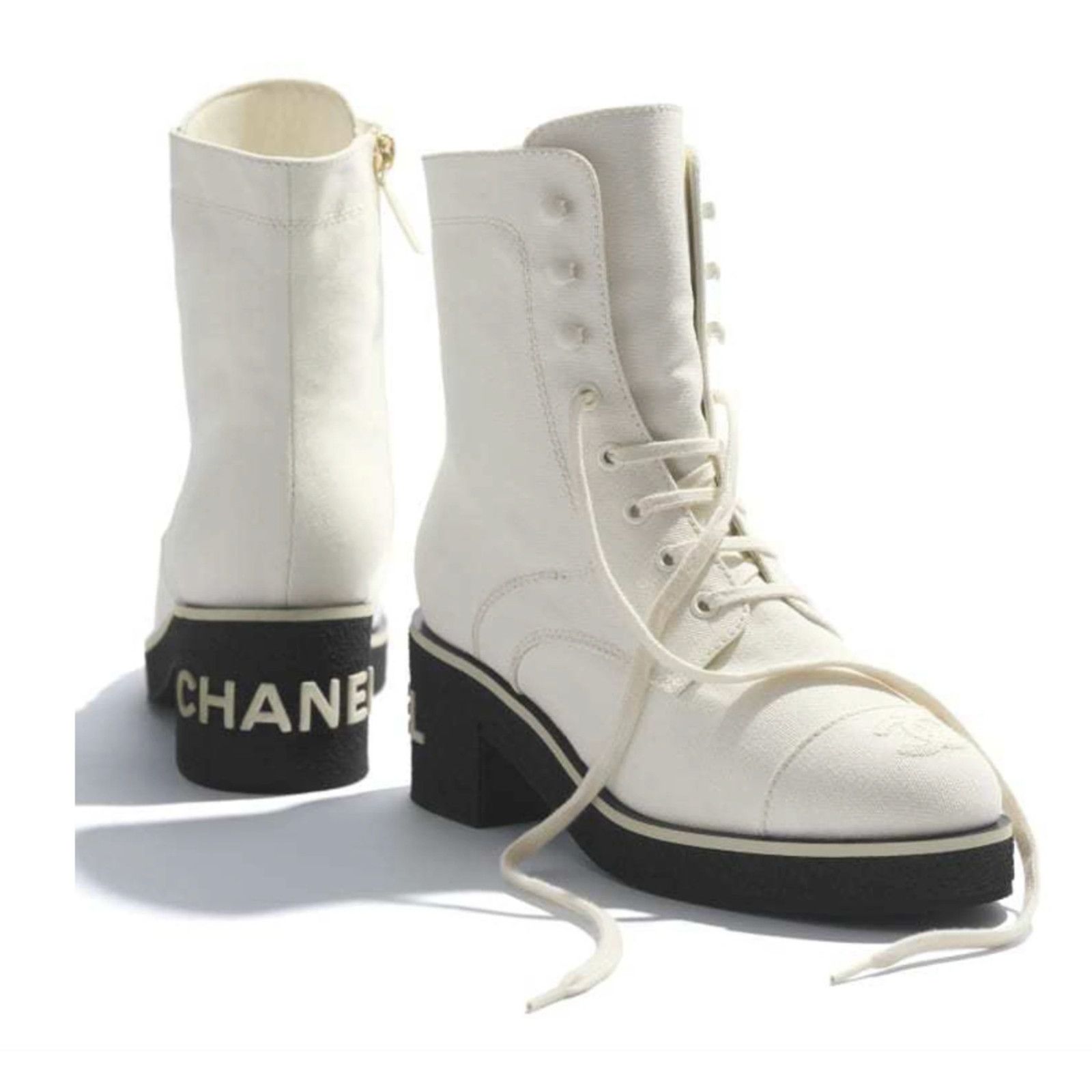 Chanel Chanel 21C White Fabric CC Logo Combat Lace Up Tie Size US 9 / IT 39 - 5 Thumbnail