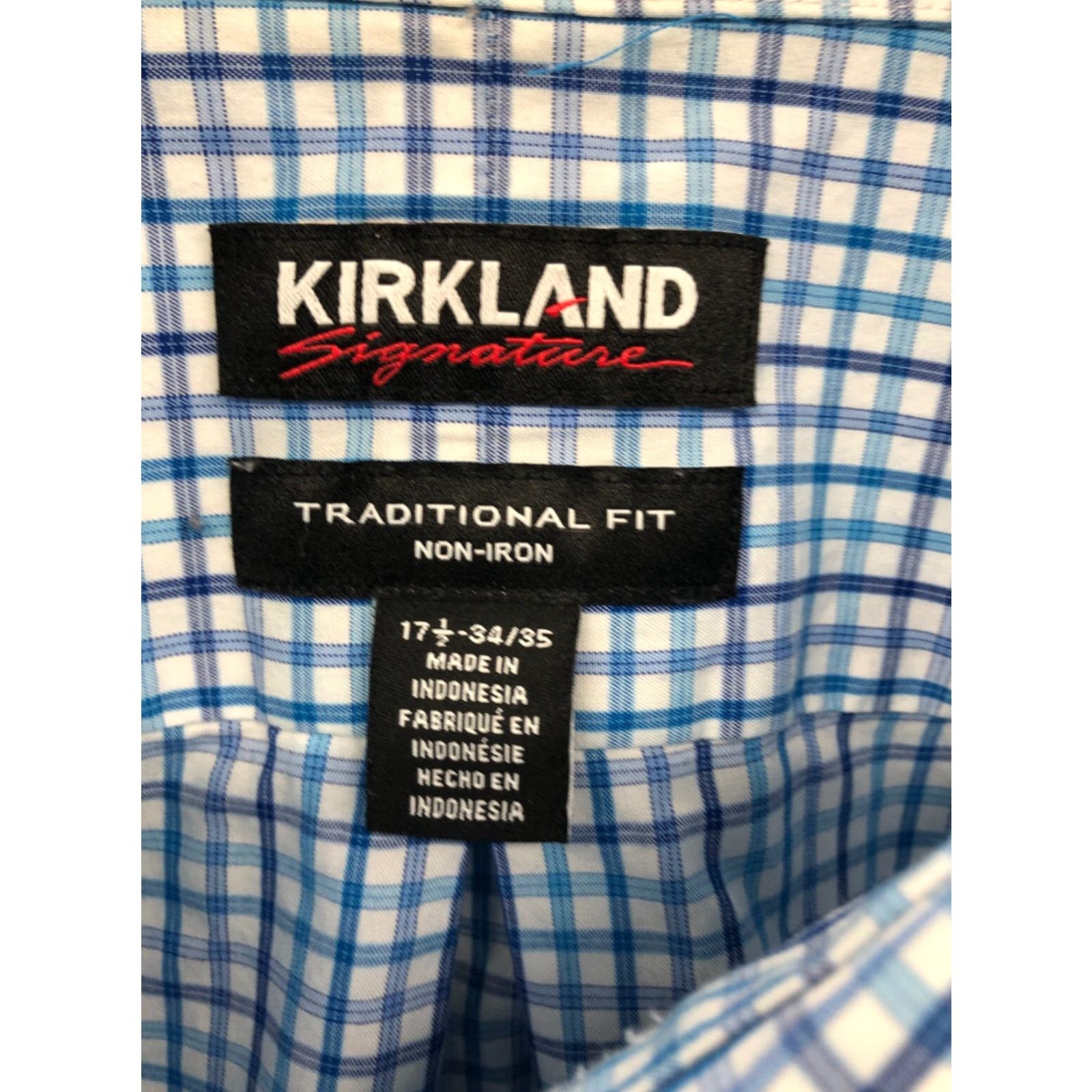 Vintage Kirkland Signature Button-Up Shirt Mens 17.5 Non-Iron Long Sleeve Blue Check (Regular) Size US XXL / EU 58 / 5 - 6 Thumbnail