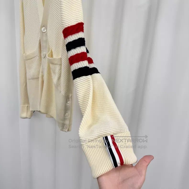 Thom Browne Thom Browne Beige Four-Stripe Colorful Wool Cardigan Size US S / EU 44-46 / 1 - 4 Thumbnail