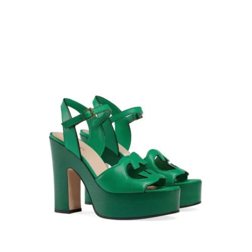 Gucci Interlocking G Cutout Leather Platform Sandals in green Size US 5 / IT 35 - 1 Thumbnail
