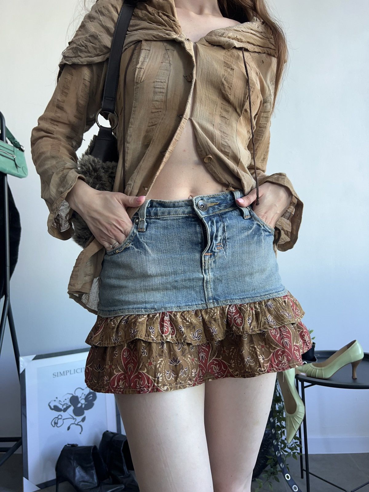 Vintage Y2K Mini Skirt Avant Garde Ruffle Denim Sexy 00s Size 26" / US 2 / IT 38 - 3 Thumbnail