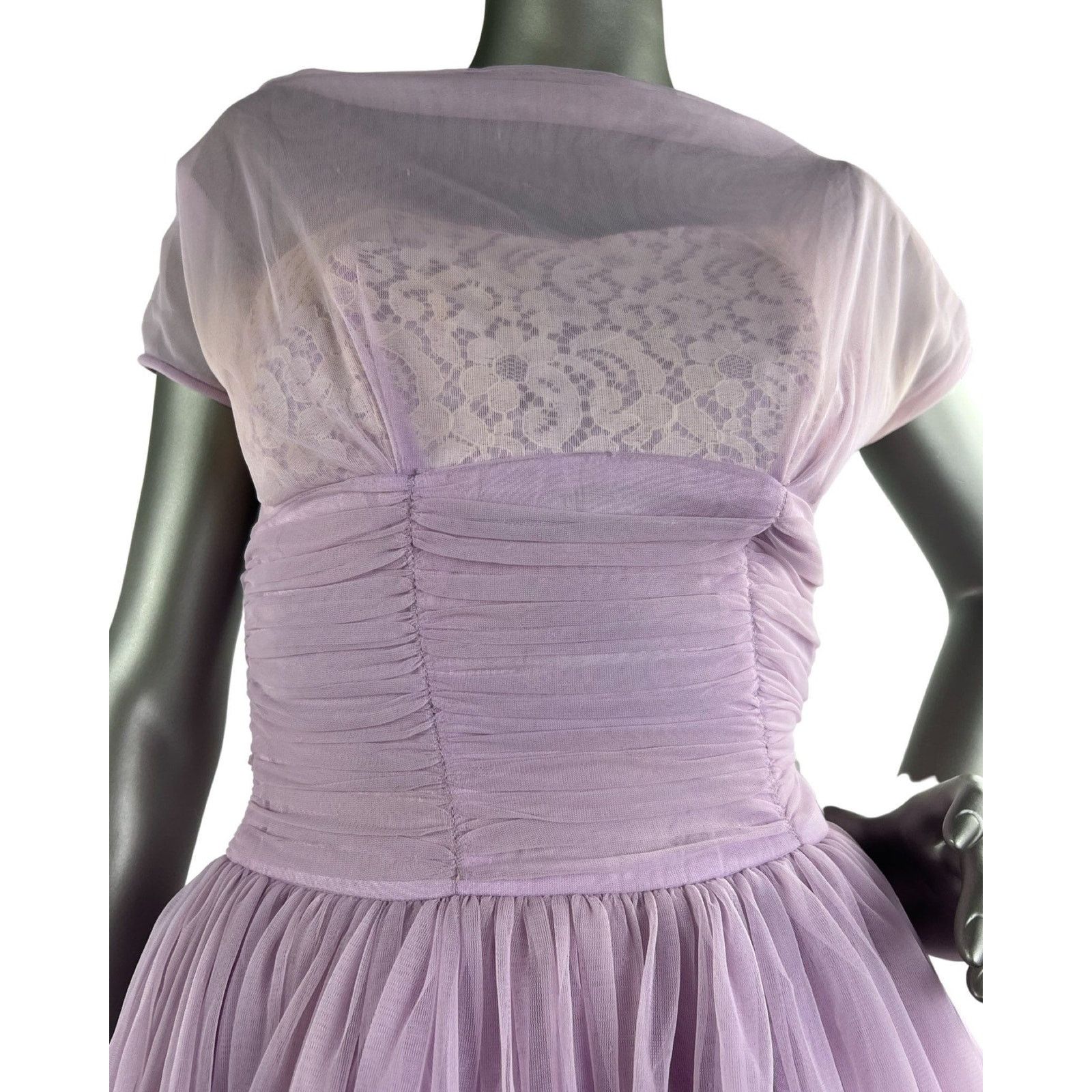 Vintage Vintage 1960s Chiffon And Lace Lilac Mini Dress Small Size S / US 4 / IT 40 - 2 Thumbnail