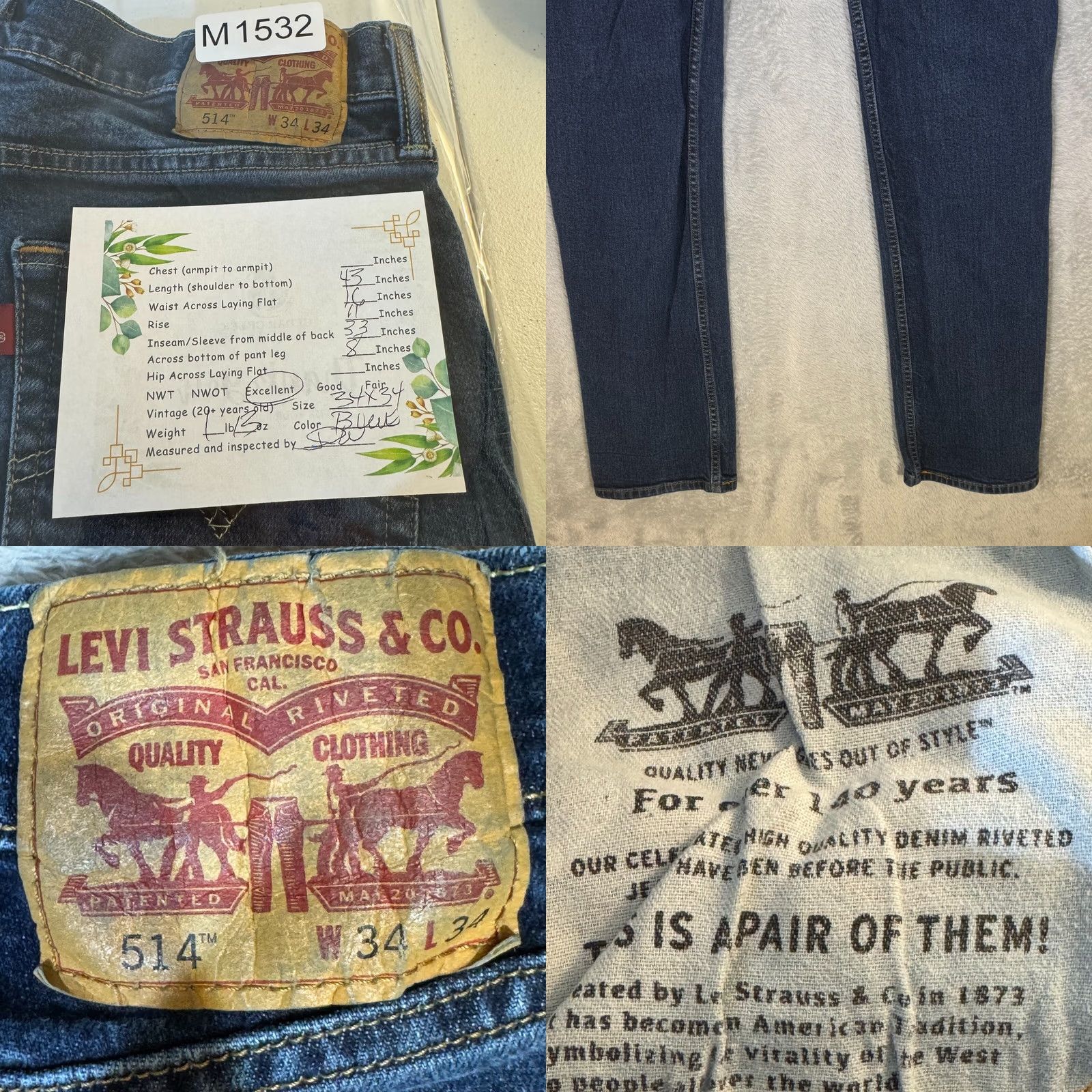 Levi's Levi’s 514 Jeans Men’s 34x34 Blue Denim Straight Mid-Rise 100% Cotton Denim Jeans Regular Fit Mrds? Size US 34 / EU 50 - 8 Thumbnail