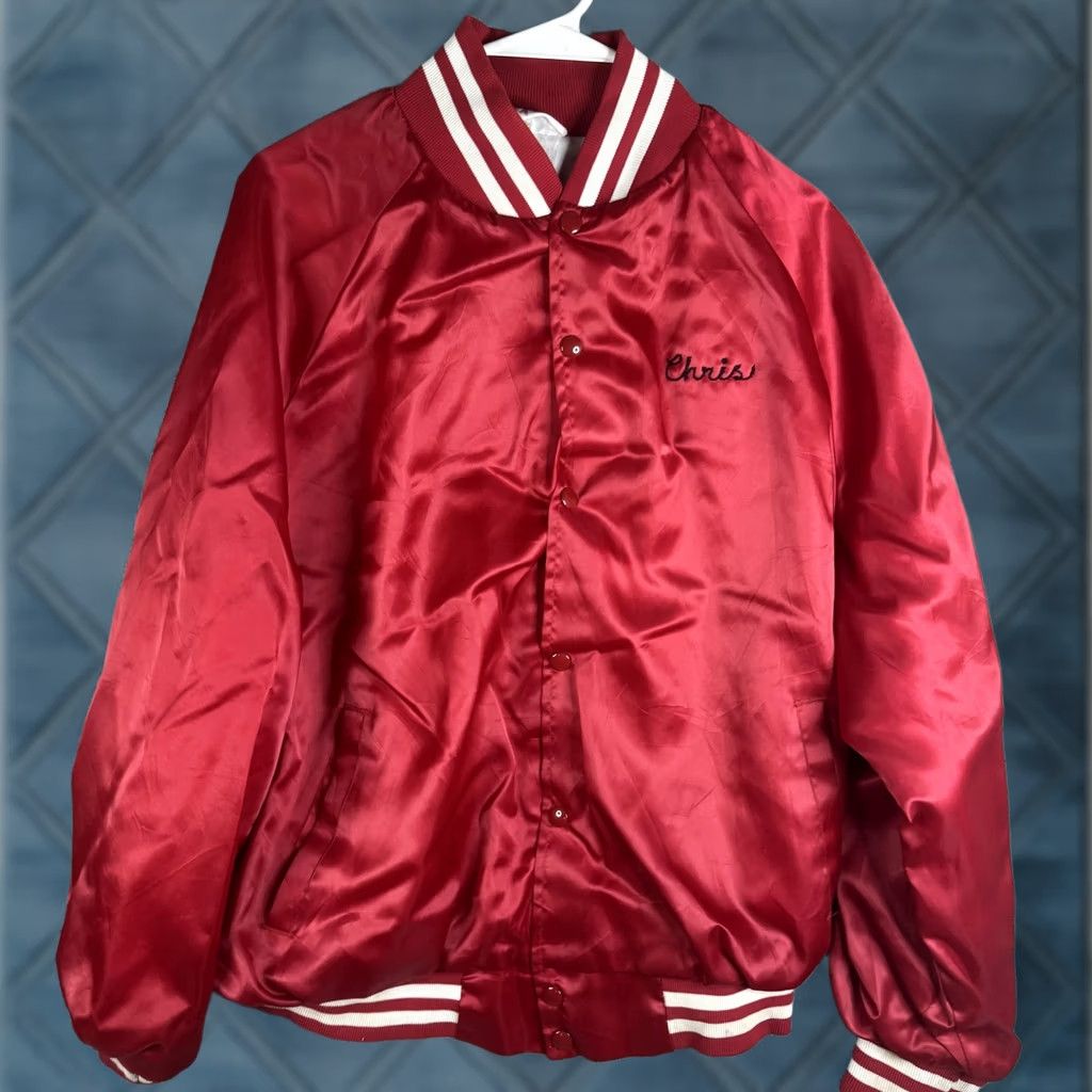 Logo 7 VINTAGE WestArk Jacket Mens XL Red Satin Varsity Snap Logo Shimadzu USA Embroidered Back Patch Button Lined Pockets Casual Workwear Sports Size US XL / EU 56 / 4 - 1 Thumbnail