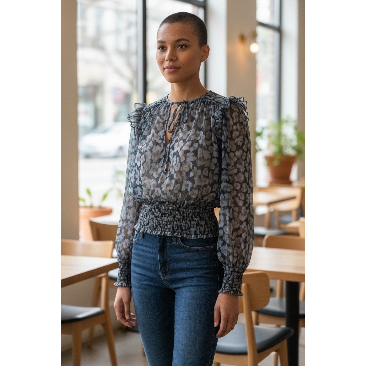 Free People Free People Blouse Wmns. Large Black Sheer Smocked Peasant Size L / US 10 / IT 46 - 2 Thumbnail