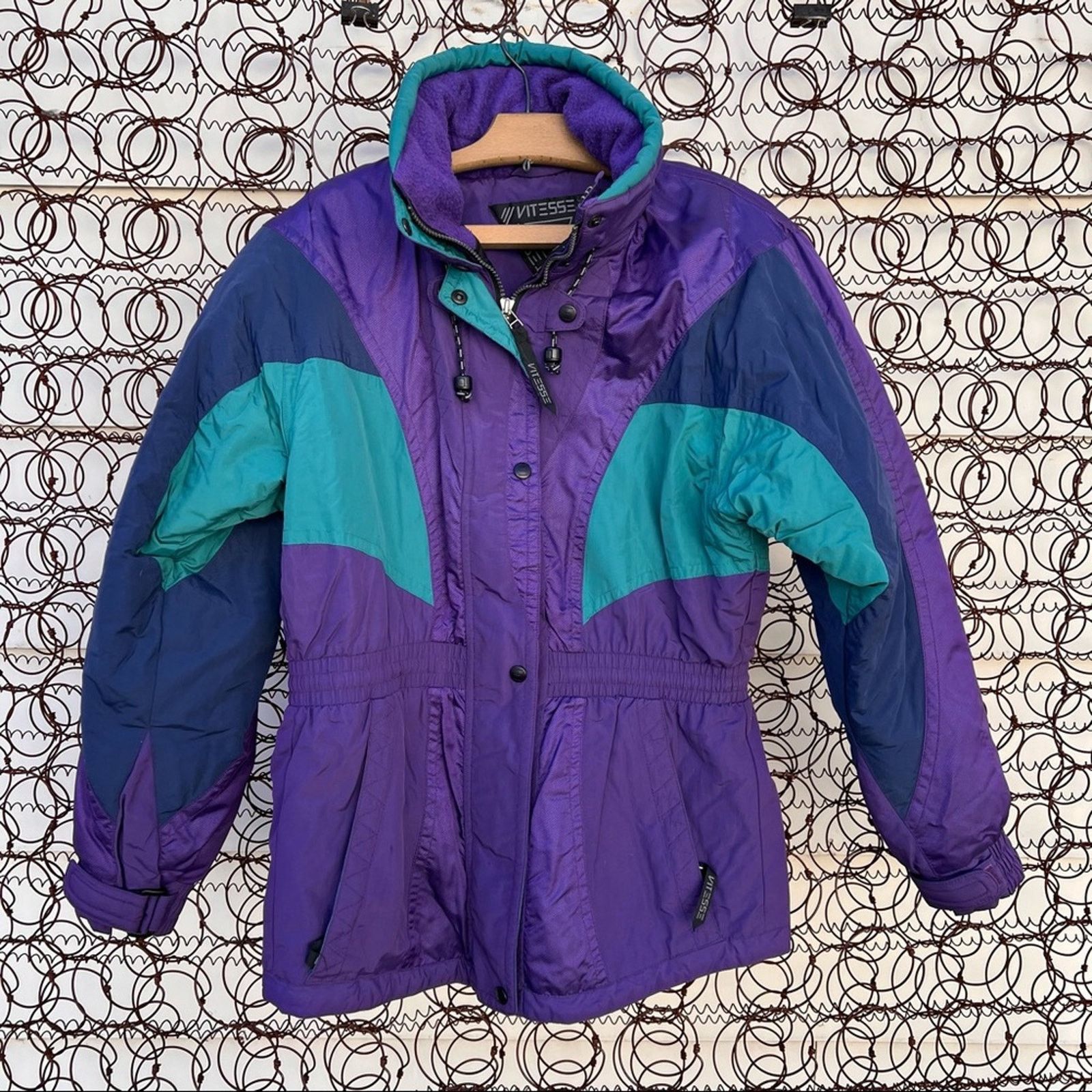 image of Vintage 90's Vitessee Teal Purple Color Block Ski Parka Cinched Waist in Blue, Women's (Size Large)