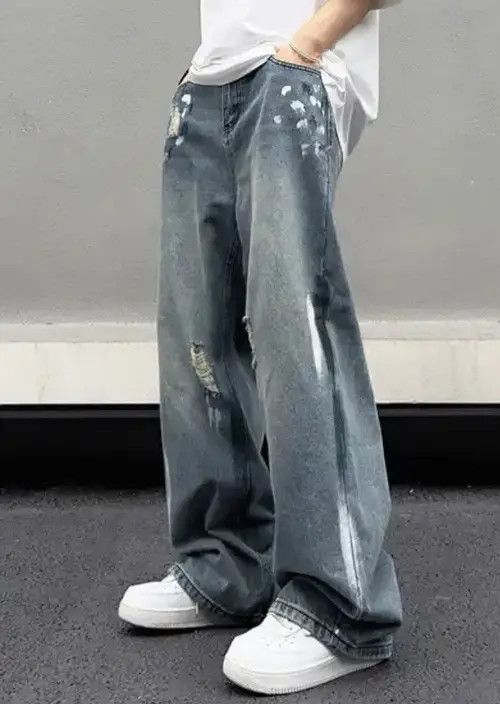 Japanese Brand × Jean Stylish Splash Ink Blue Distressed Baggy Jeans Size US 27 - 4 Thumbnail