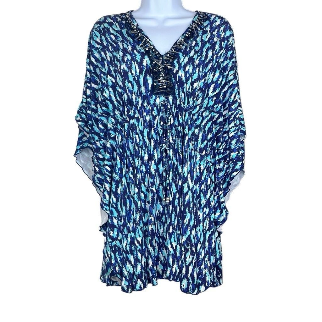Other Cabana Life Small Blue Print Beaded Drawstring Batwing Sleev Size S / US 4 / IT 40 - 1 Thumbnail