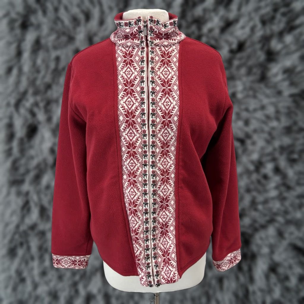 Vintage L.L. Bean Fair Isle Fleece Jacket Sz Large Women’s Red Full Zip Nordic Pockets Size L / US 10 / IT 46 - 1 Thumbnail