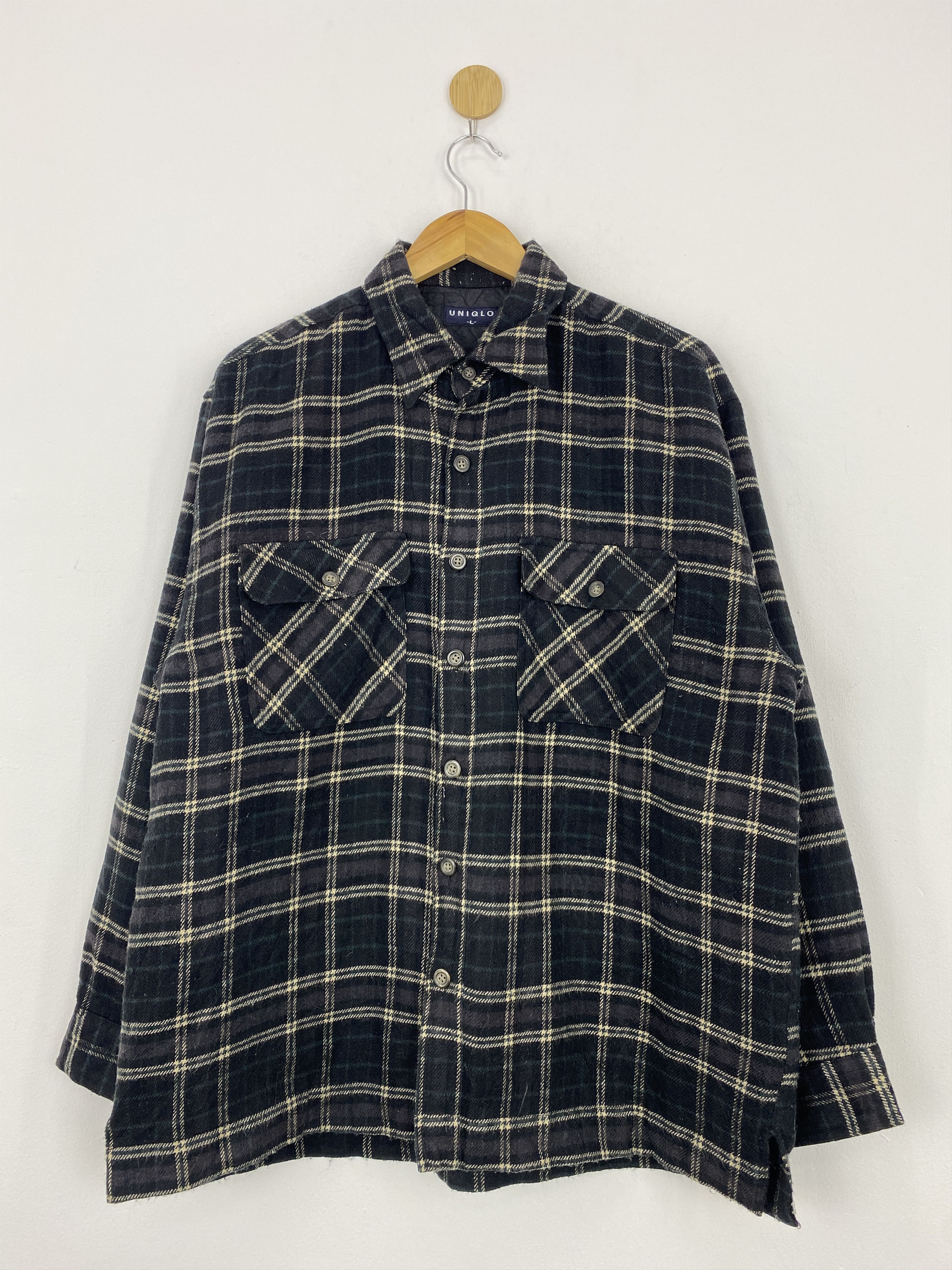 Uniqlo × Vintage Vintage 90s Uniqlo Shadow Plaid Wool Flannel Shirt J1844 Size US L / EU 52-54 / 3 - 1 Thumbnail
