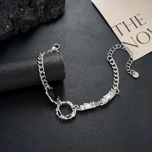 Jewelry Silver Chain Link Bracelet with Black Accent, Adjustable Size ONE SIZE - 5 Thumbnail