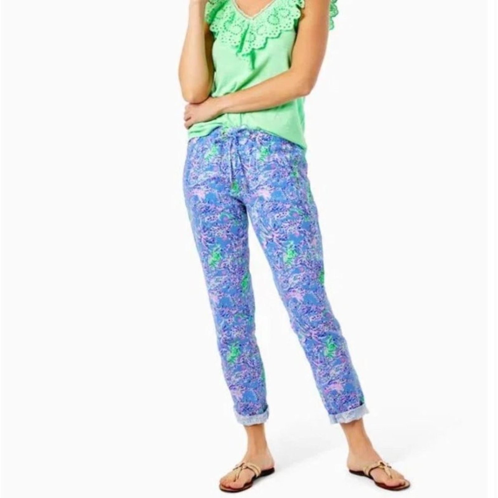 Lilly Pulitzer Lilly Pulitzer Taron Mid-Rise Linen Pant Blue Peri Medium Size 28" / US 6 / IT 42 - 2 Thumbnail