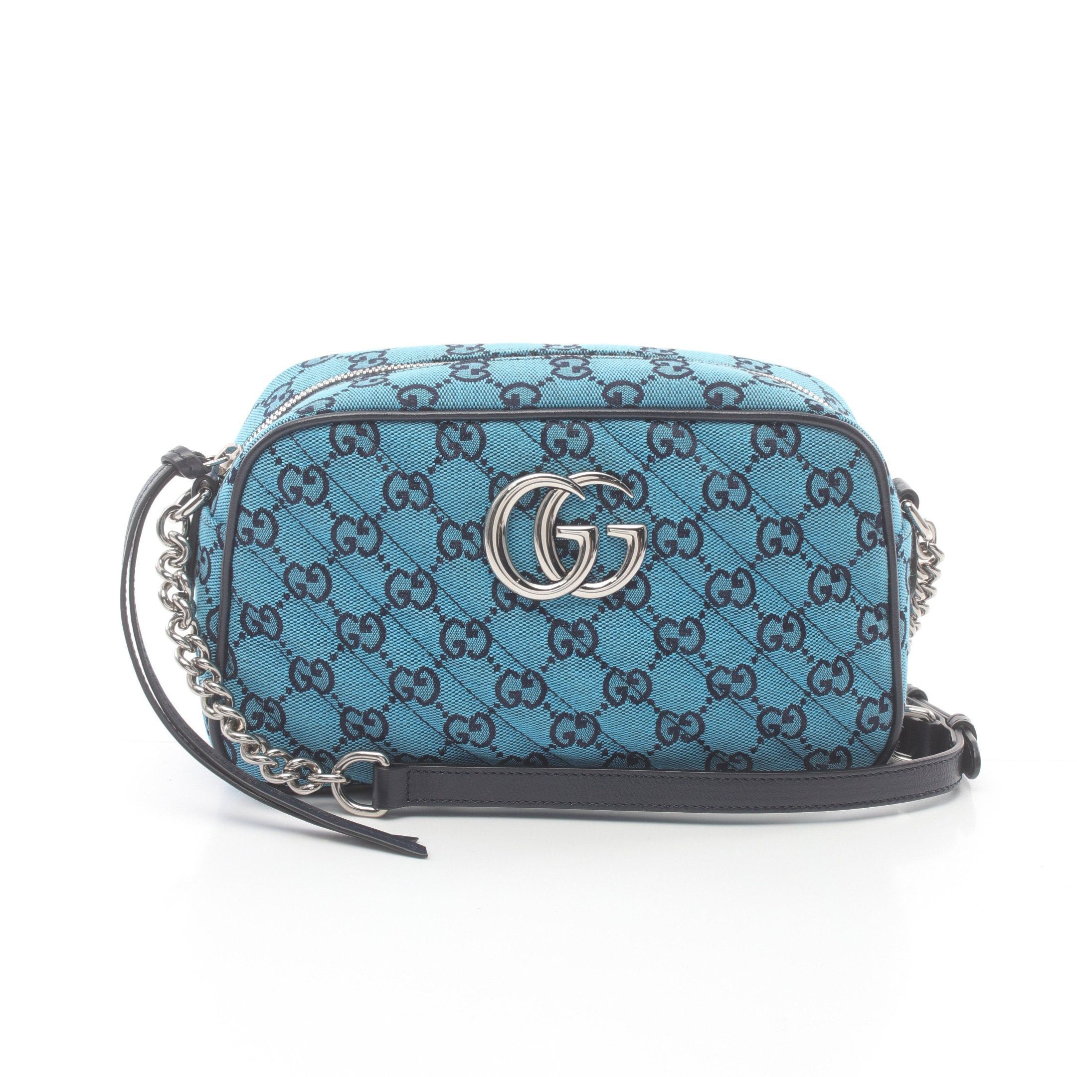 Gucci Gg Marmont Chain Shoulder Bag Canvas Leather Blue Navy