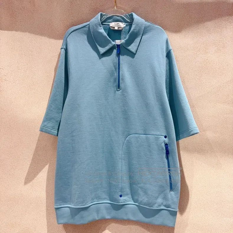 Hermes Hermes Blue Solid Half-Zip Short Sleeve Polo Shirt Size US L / EU 52-54 / 3 - 1 Thumbnail