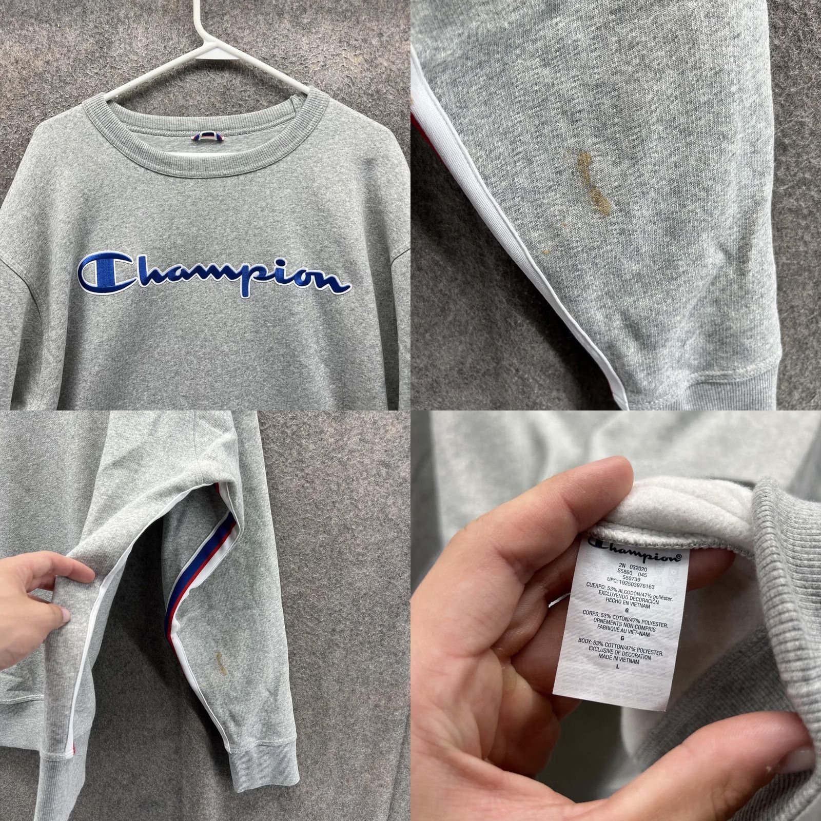 Champion VINTAGE Champion Sweatshirt Mens Large Gray Script Logo Crewneck Pullover Striped Size US L / EU 52-54 / 3 - 8 Thumbnail
