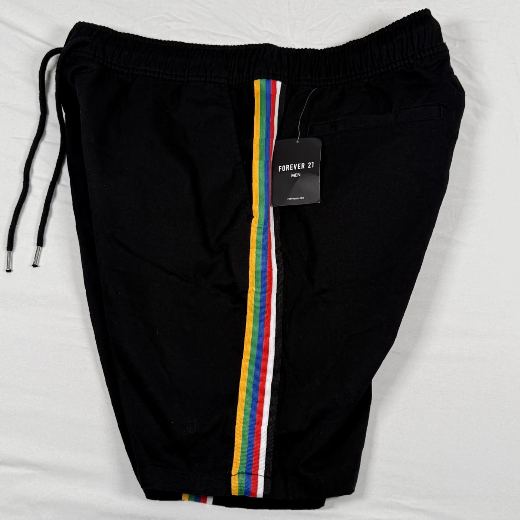 Forever 21 Forever 21 Shorts Mens Large Black Rainbow Stripe Chino Elastic Waist Drawstring Size US 33 - 3 Thumbnail