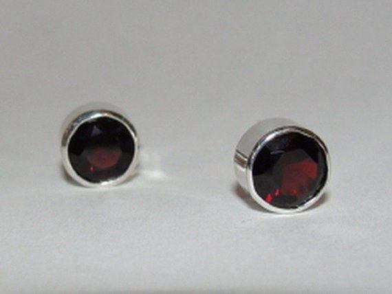 Silver Faceted Red Garnet Bezel Set Birthstone Earrings