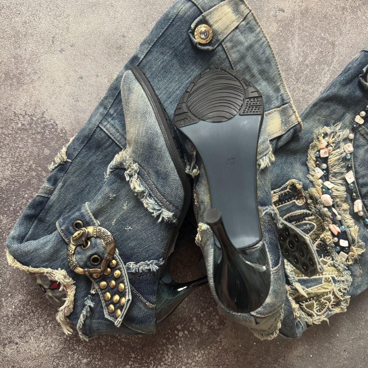 20471120 Vintage Distressed Patchwork Y2K Knee-High Jeans Boots Size US 7 / IT 37 - 11 Thumbnail