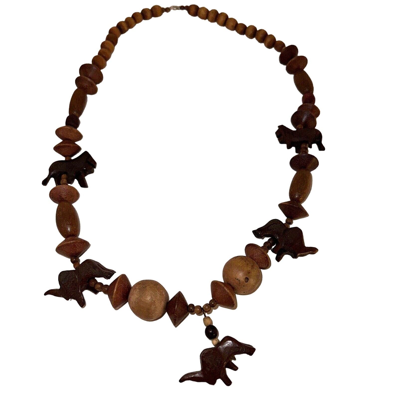 Handmade African Safari Chunky Wooden Necklace Carved Elephants Lions Size ONE SIZE - 1 Thumbnail
