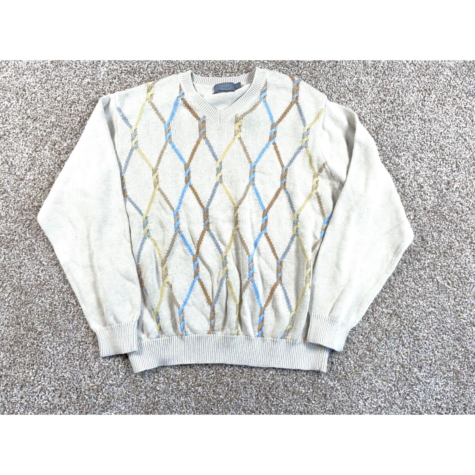 Talbots VINTAGE Talbots Pima Cotton Geometric Pattern V-Neck Sweater Adult Large Beige Mens Pullover Knit Regular Fit Size US L / EU 52-54 / 3 - 2 Thumbnail
