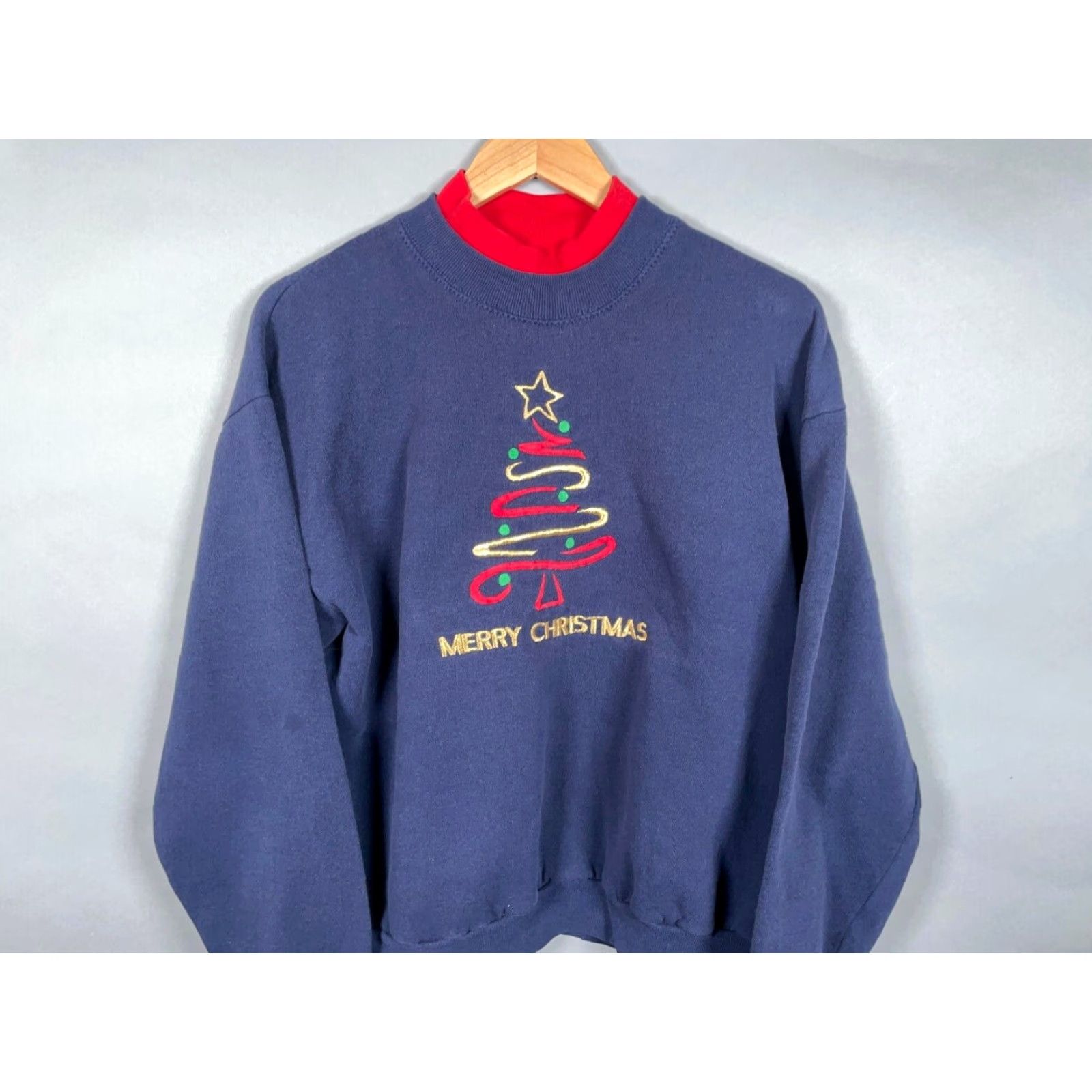 Lee VINTAGE Lee Sweatshirt Christmas Tree Embroidered Large Blue Pullover Mock Neck 90s Holiday Womens Size L / US 10 / IT 46 - 4 Thumbnail