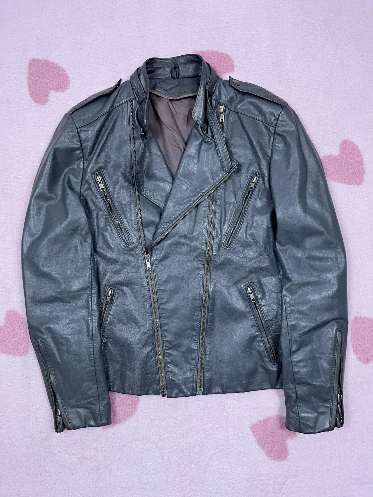 Genuine Leather ➕ vintage 80s/90s multi zip ramones leather gray jacket Size XS / US 0-2 / IT 36-38 - 1 Thumbnail