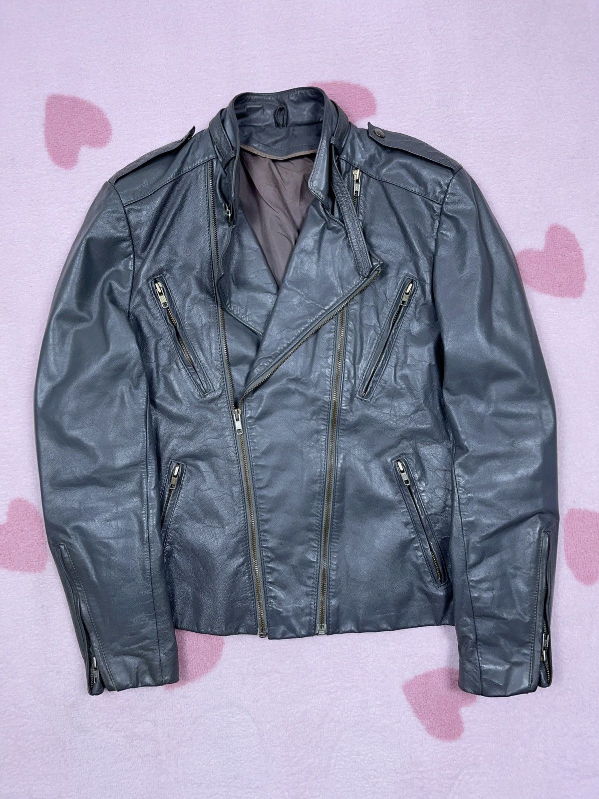 image of Avant Garde x Genuine Leather Vintage 80S/90S Multi Zip Ramones Leather Gray Jacket in Grey, Women'