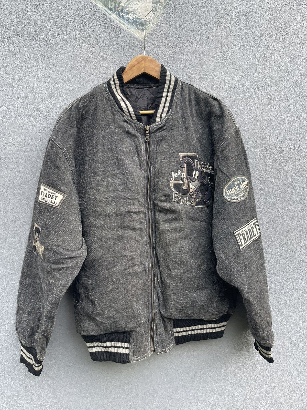 Japanese Brand × Vintage Jean Louis Fradet Vintage Denim Varsity Jacket - Size L Size US L / EU 52-54 / 3 - 1 Thumbnail