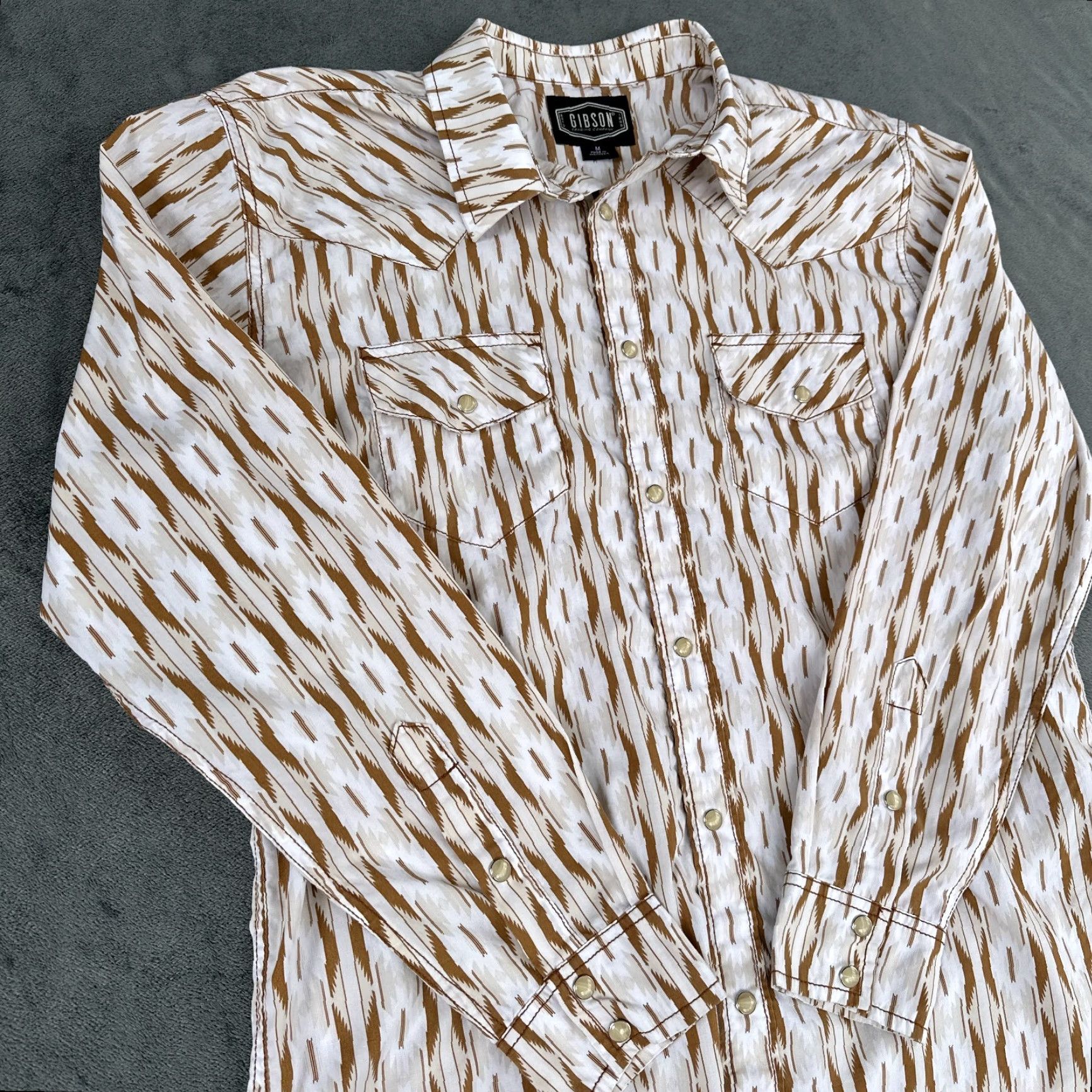 Vintage Gibson Shirt Mens Medium Pearl Snap White Brown Aztec Geometric Rockabilly Rodeo Size US M / EU 48-50 / 2 - 3 Thumbnail