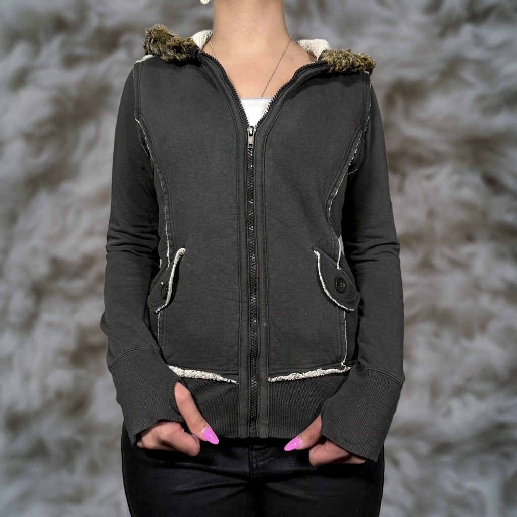 Vintage Self Esteem Jacket Juniors Medium Gray Y2K Hooded Fleece Hoodie Fur Trim Sherpa Size M / US 6-8 / IT 42-44 - 1 Thumbnail