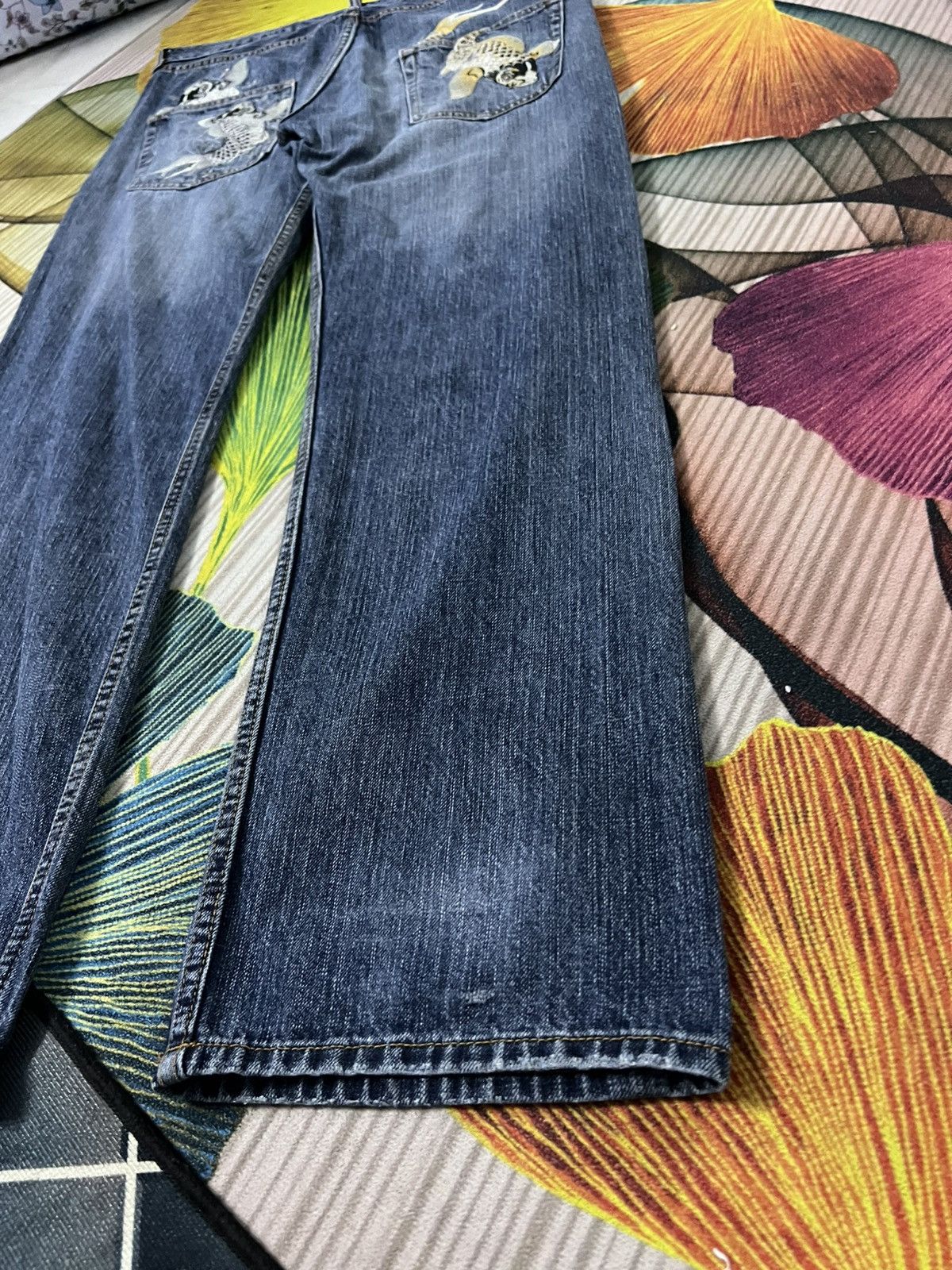Japanese Brand Karakuri Tamashi Style Koi Fish Embroidery Mud Wash Jean Size US 35 - 16 Thumbnail