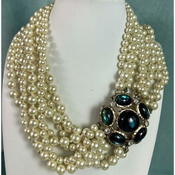 KJL Multi Strand Pearl Torsade Necklace Maltese Cross Caboch
