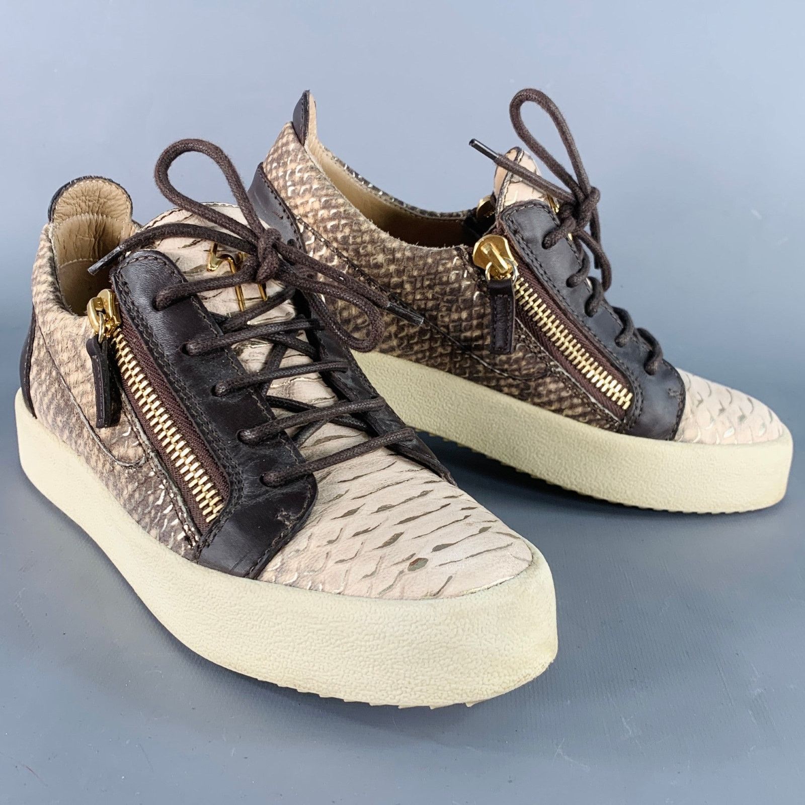 Giuseppe Zanotti 9 Beige Brown Leather Textured Double Side Zipper Sneakers Size US 9 / IT 39 - 1 Thumbnail