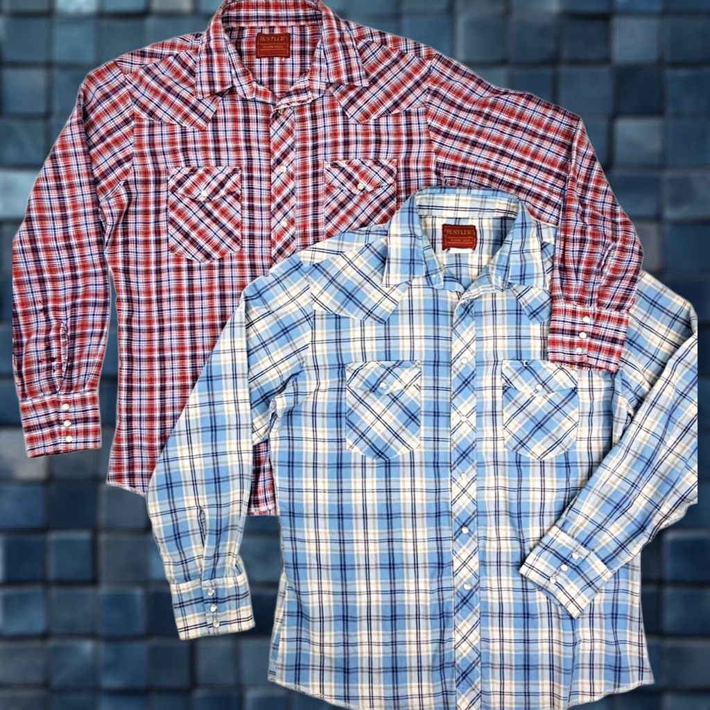 Vintage VINTAGE Rustler X-Long Tails Shirt LOT x 2 Pearl Snap Western Work Shirt Men L Blue Red Size US L / EU 52-54 / 3 - 1 Thumbnail