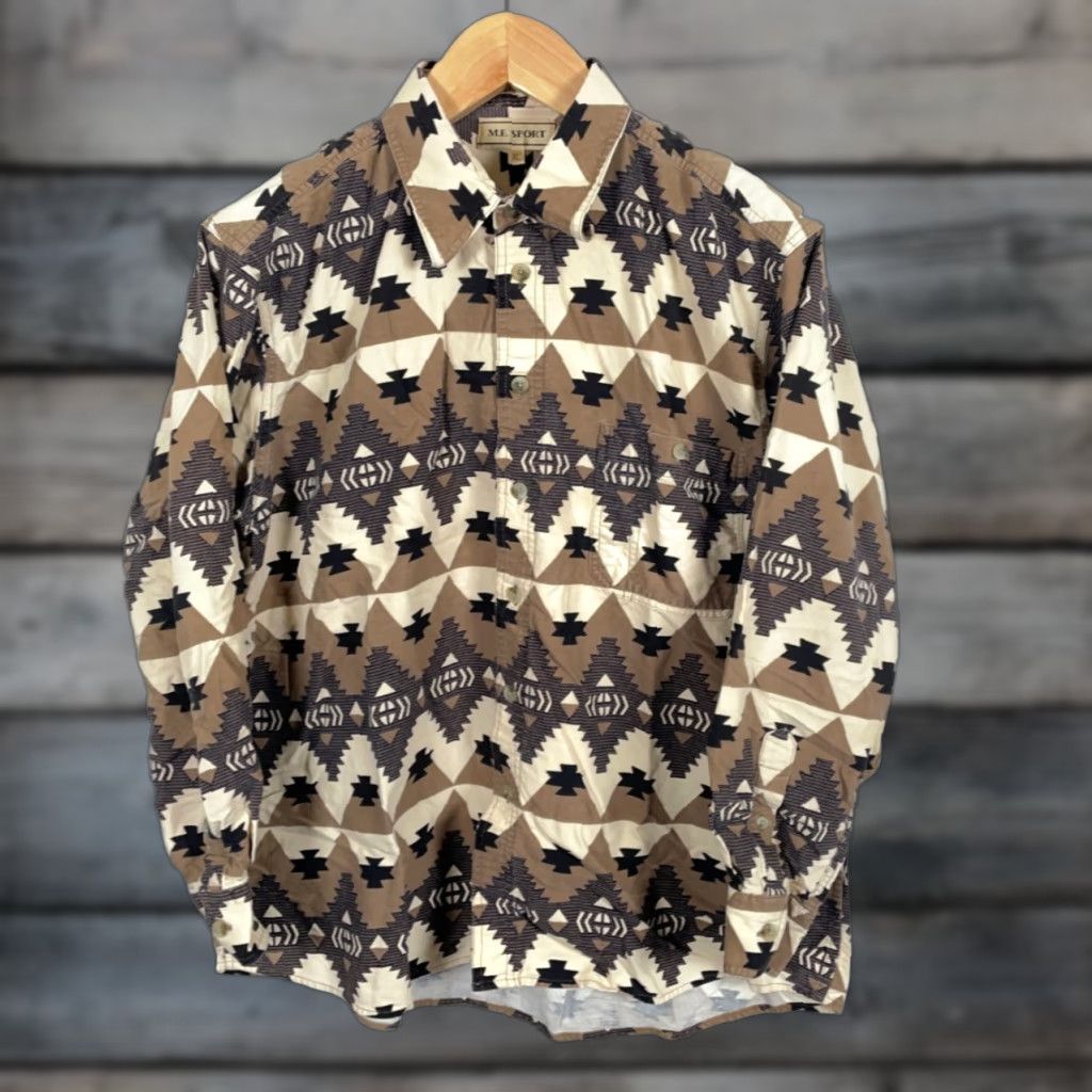 Vintage VINTAGE M.E. Sport Shirt Geometric 90s Aztec Southwestern Button-Up Cotton Flannel XL Mens Beige Brown Size US XL / EU 56 / 4 - 1 Thumbnail