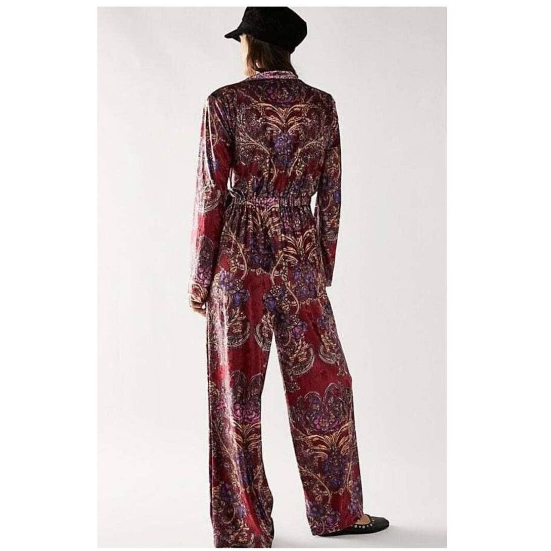 Free People New Delphine Velvet Paisley Floral Jumpsuit $178 MEDIUM Wine Size 32" / US 10 / IT 46 - 4 Thumbnail