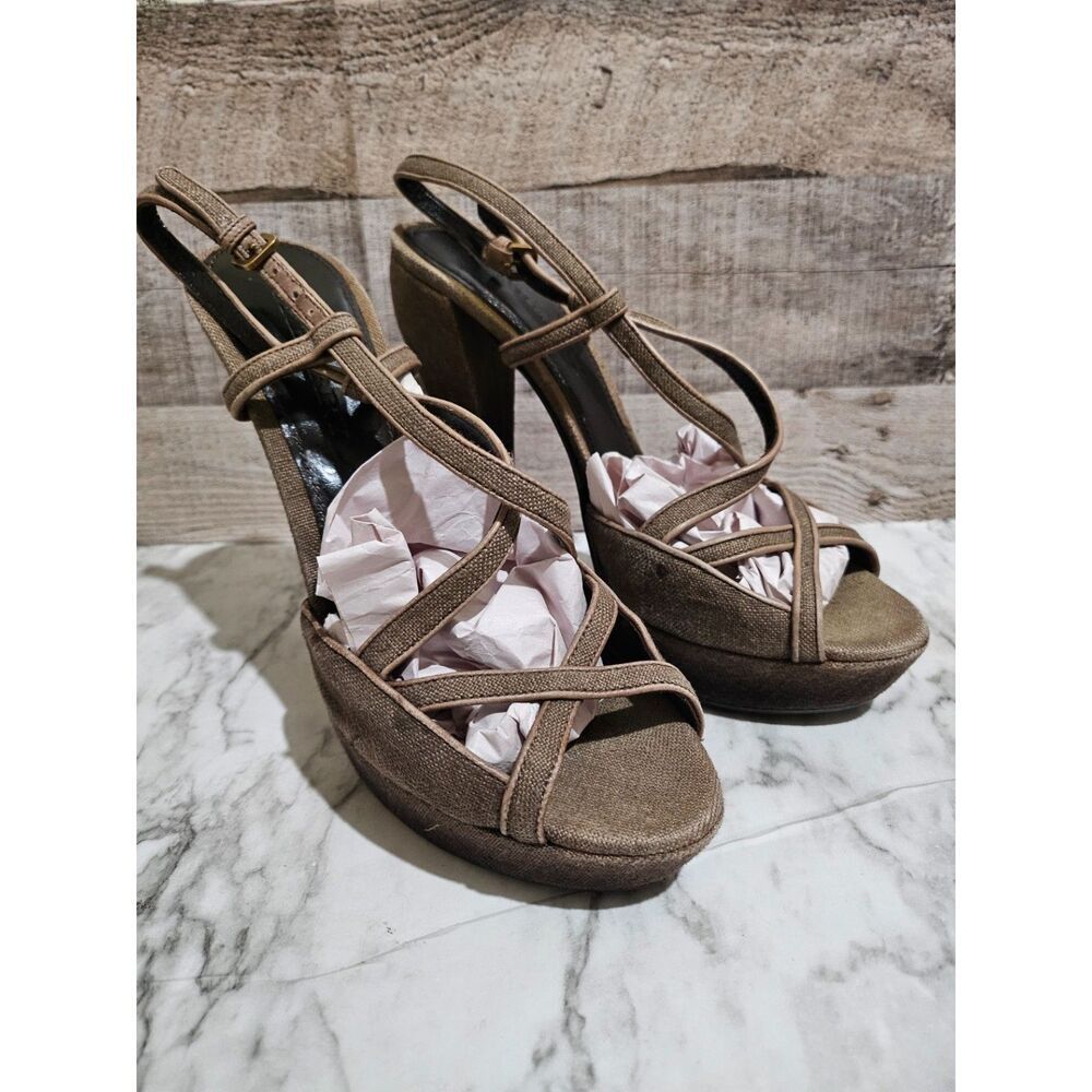 Burberry Burberry Wood Linen Leather Platform Heels 9 EU 40 Size US 10 / IT 40 - 1 Thumbnail
