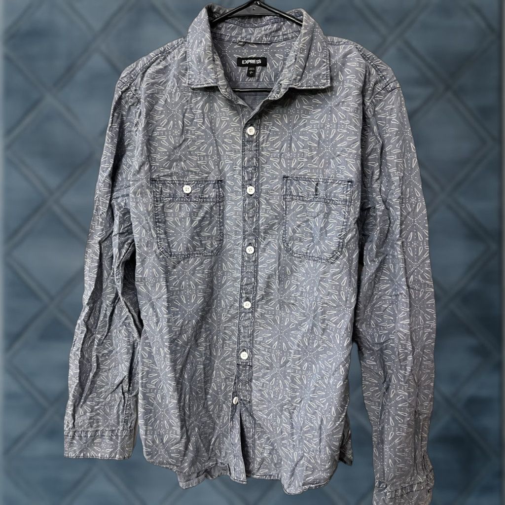 Express VINTAGE Express Button Shirt Men's Large Blue All Over Print Long Sleeve Pockets - Express Shirt Men L Blue All Seasons Casual Modern 90s Mens Size US L / EU 52-54 / 3 - 1 Thumbnail