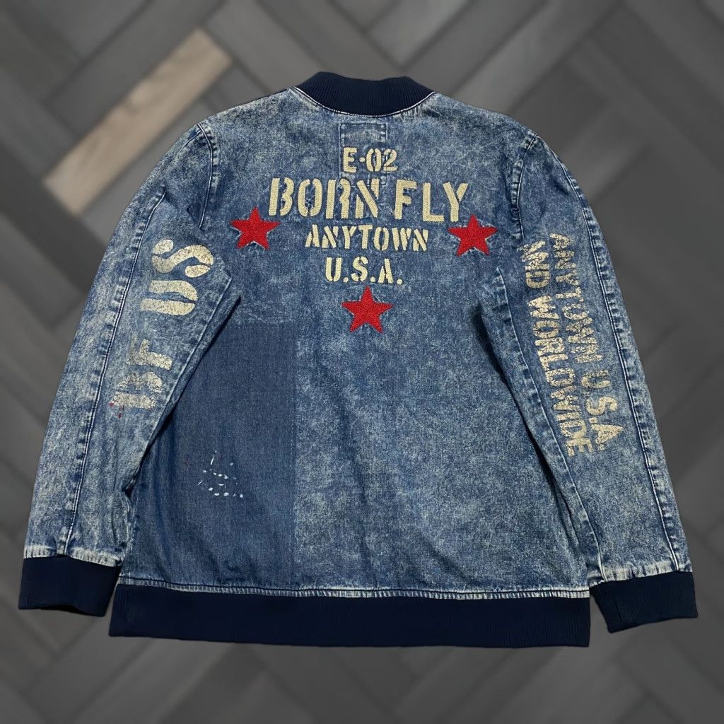 Born born fly Anytown USA Jeans Jacket L Full Zip Embroidered Denim Jacket Mens Blue Size L Outfit USA Theme Casual Workwear Size US 33 - 1 Thumbnail