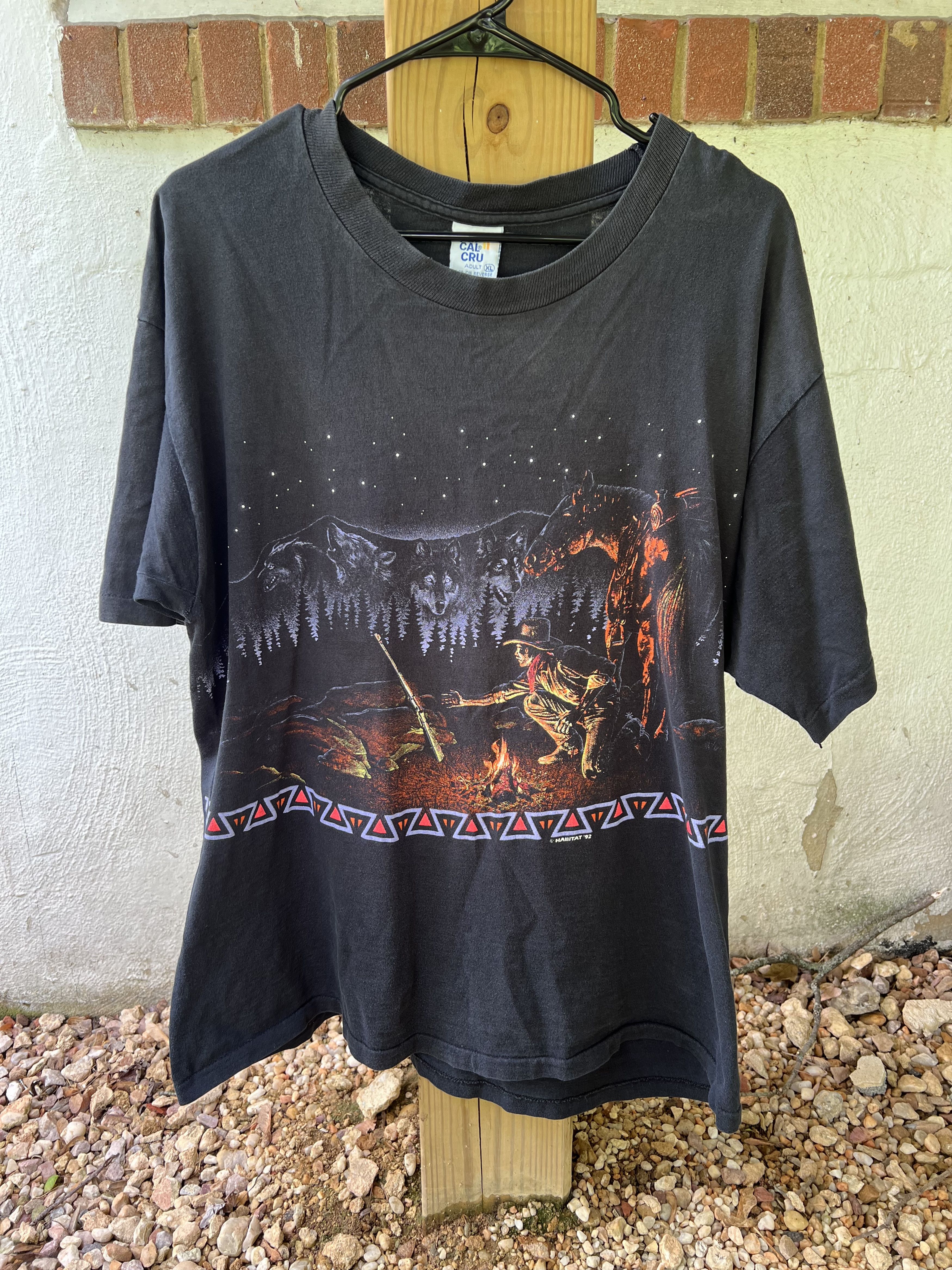 image of Vintage 1992 Habitat Cowboy Westeren Campfire Tee in Black, Men's (Size XL)