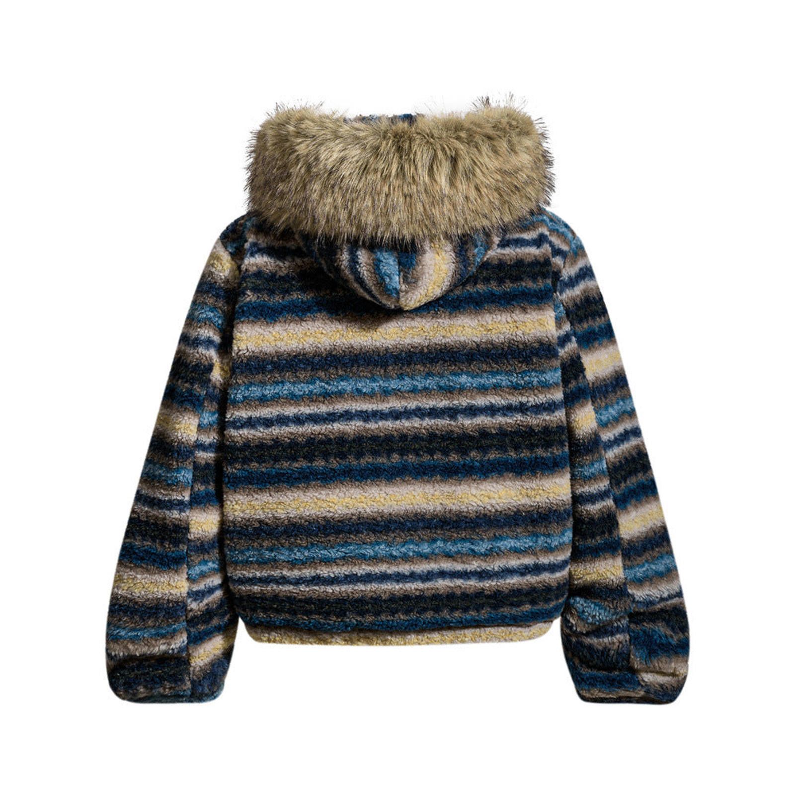 Japanese Brand Striped Faux Fur Hooded Jacket, Cozy Winter Outerwear Size US M / EU 48-50 / 2 - 2 Thumbnail