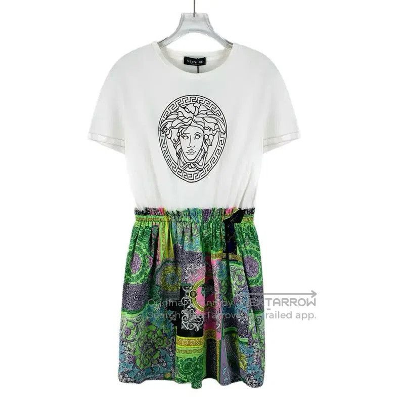 Versace Versace White Cotton Dress with Print Skirt . Size L / US 10 / IT 46 - 1 Thumbnail