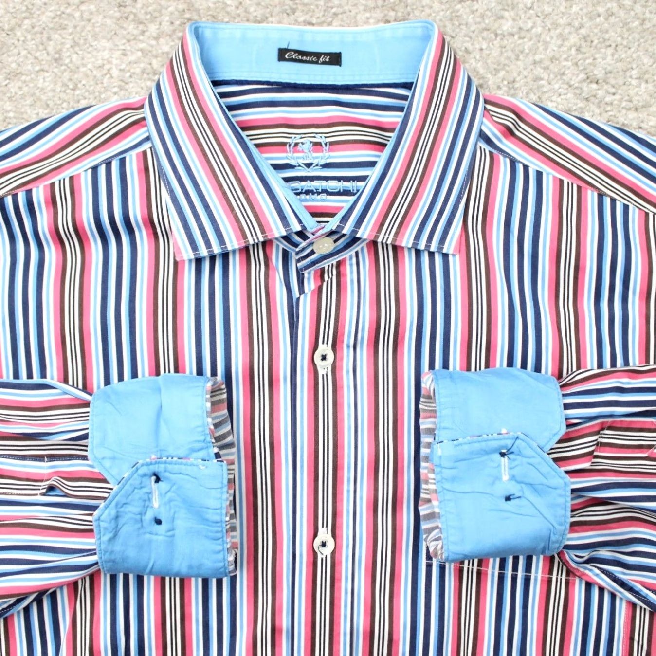 BUGATCHI Bugatchi Uomo Shirt Mens XL Pink/Blue Classic Fit Button-Up Long Sleeve Cotton Stripe Size US XL / EU 56 / 4 - 2 Thumbnail