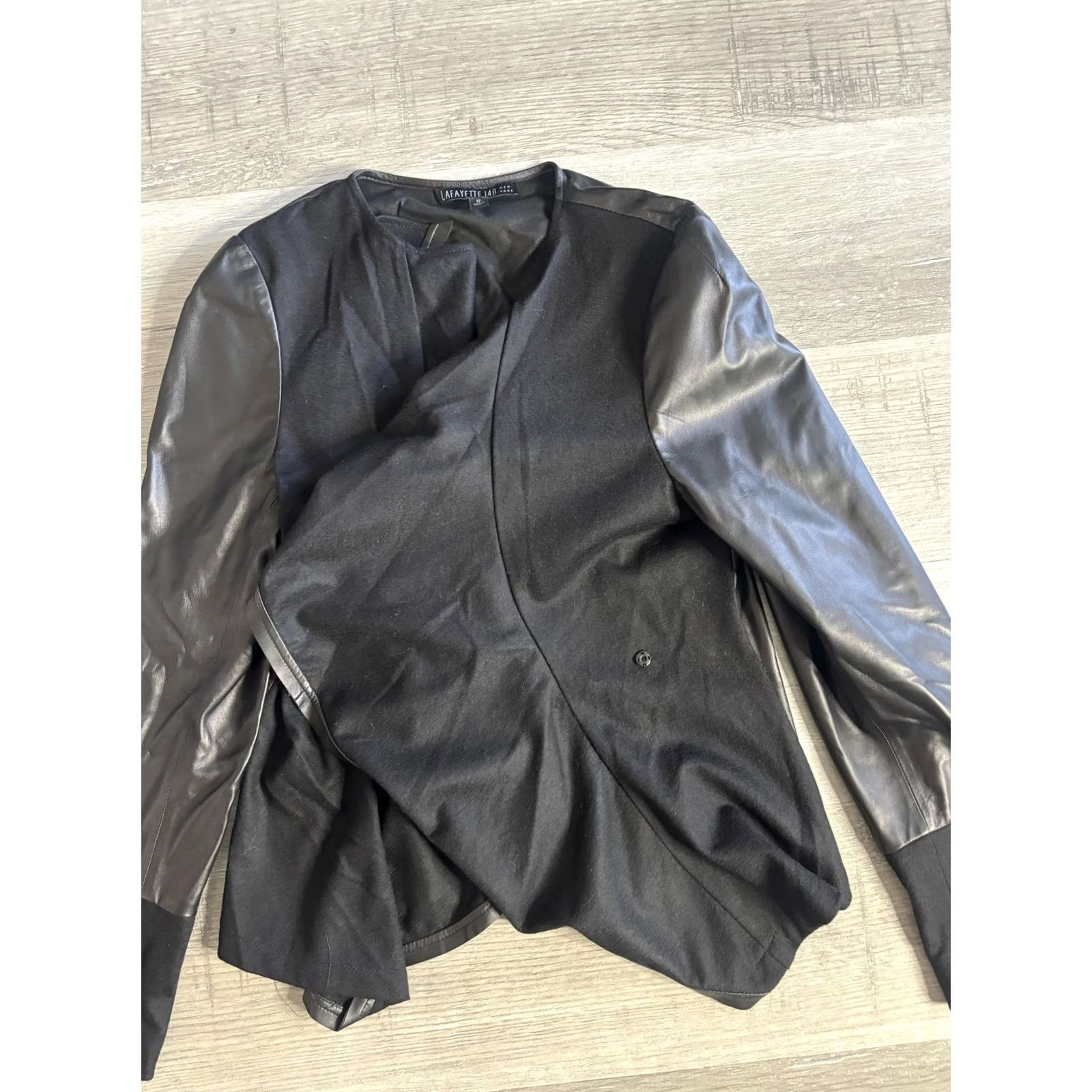 Vintage Lafayette 148 New York Jacket Womens 12 Black Leather Wool Collarless Snap Front Casual Business Women's Jacket Size XL / US 12-14 / IT 48-50 - 3 Thumbnail