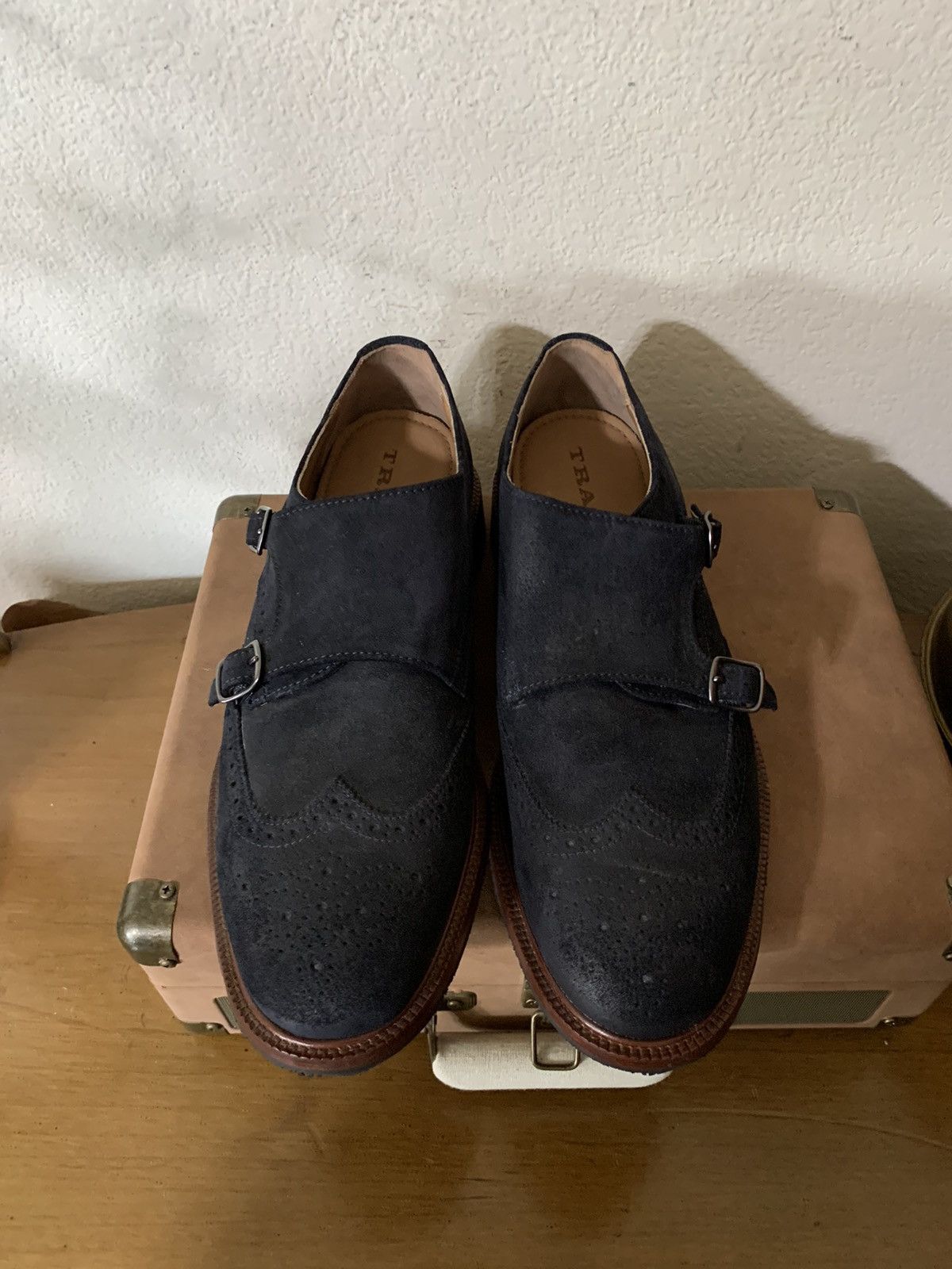 image of H S Trask Suede Dbl Monk Strap Wing Tip Derby’S Shoes in Black, Men's (Size 10)