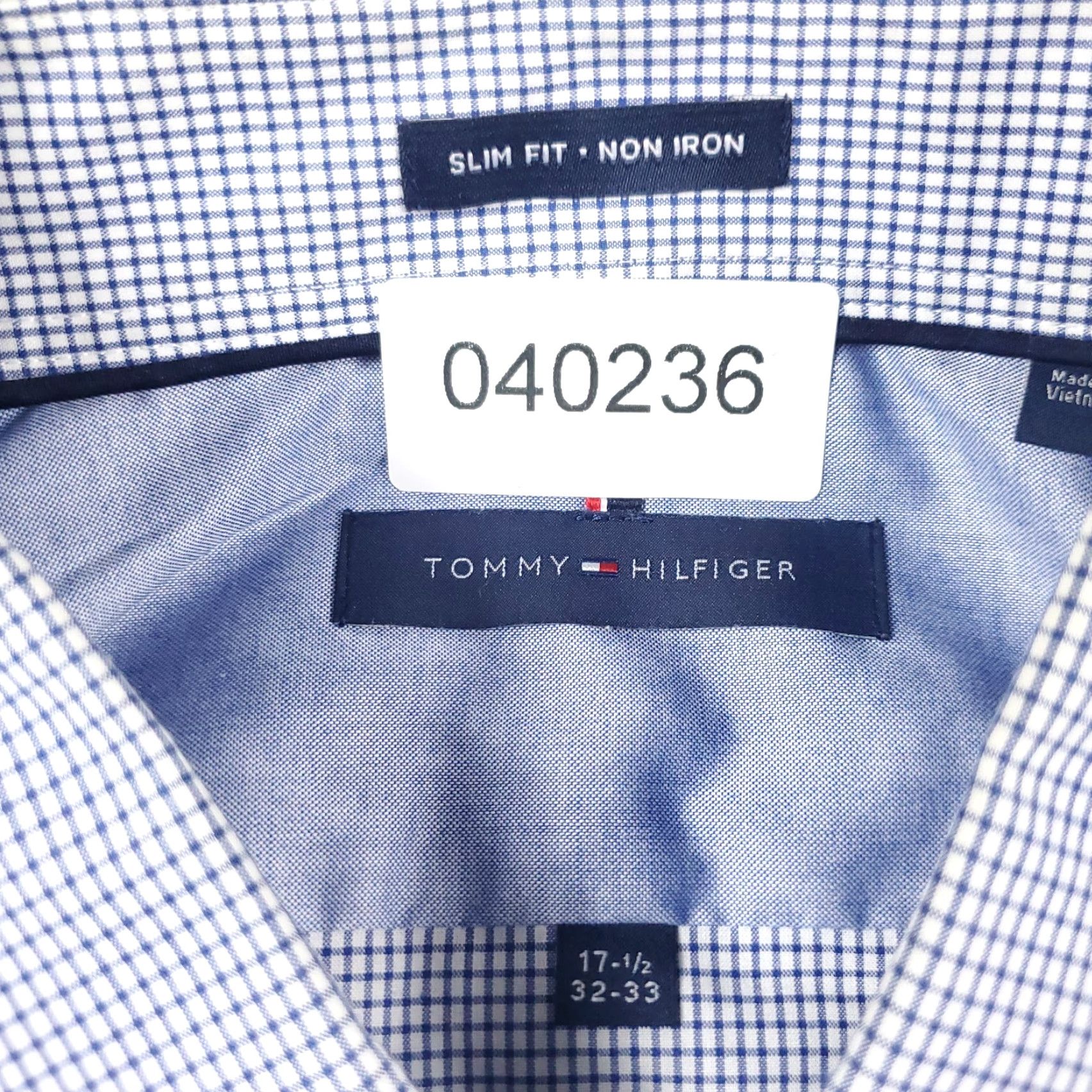 Tommy Hilfiger Tommy Hilfiger Shirt Mens 17.5 Blue Check Dress Button Up Long Sleeve - Classic American Preppy Business Casual Dress Shirt Mens 17.5 Navy Blue Size 46R - 6 Thumbnail